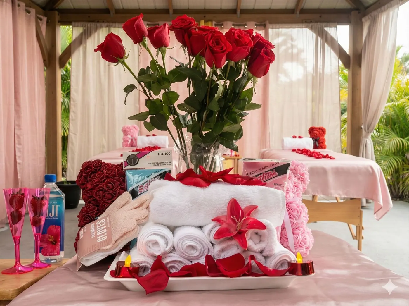 Romantic spa setup with red roses, towels, and champagne flutes, outdoors.